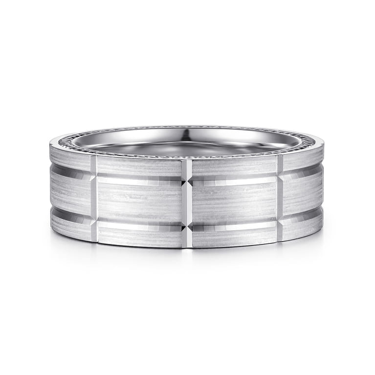 Milo - 14K White Gold 8mm - Carved Men's Wedding Band in Satin Finish - Shot 1
