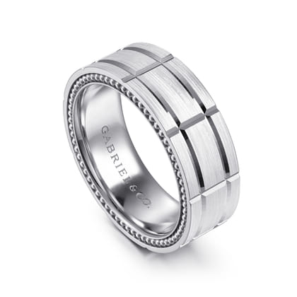 Milo - 14K White Gold 8mm - Carved Men's Wedding Band in Satin Finish