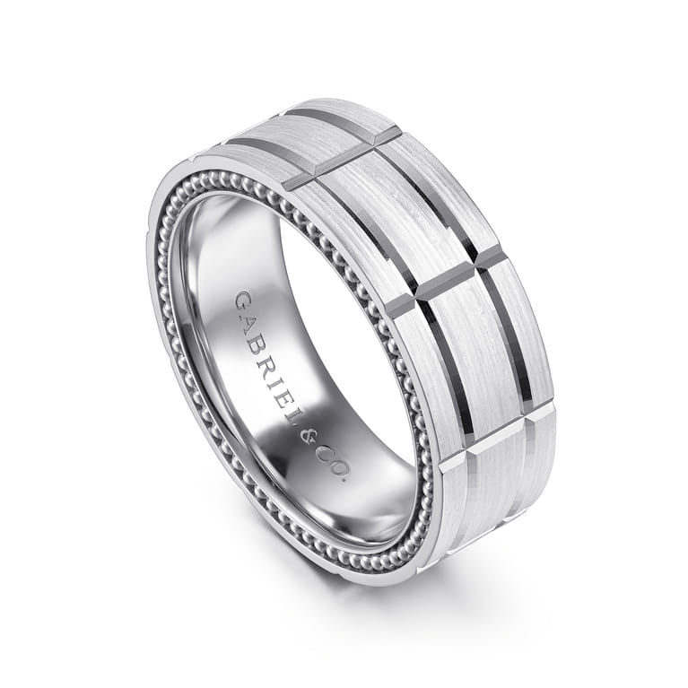 Milo - 14K White Gold 8mm - Carved Men's Wedding Band in Satin Finish - Shot 3