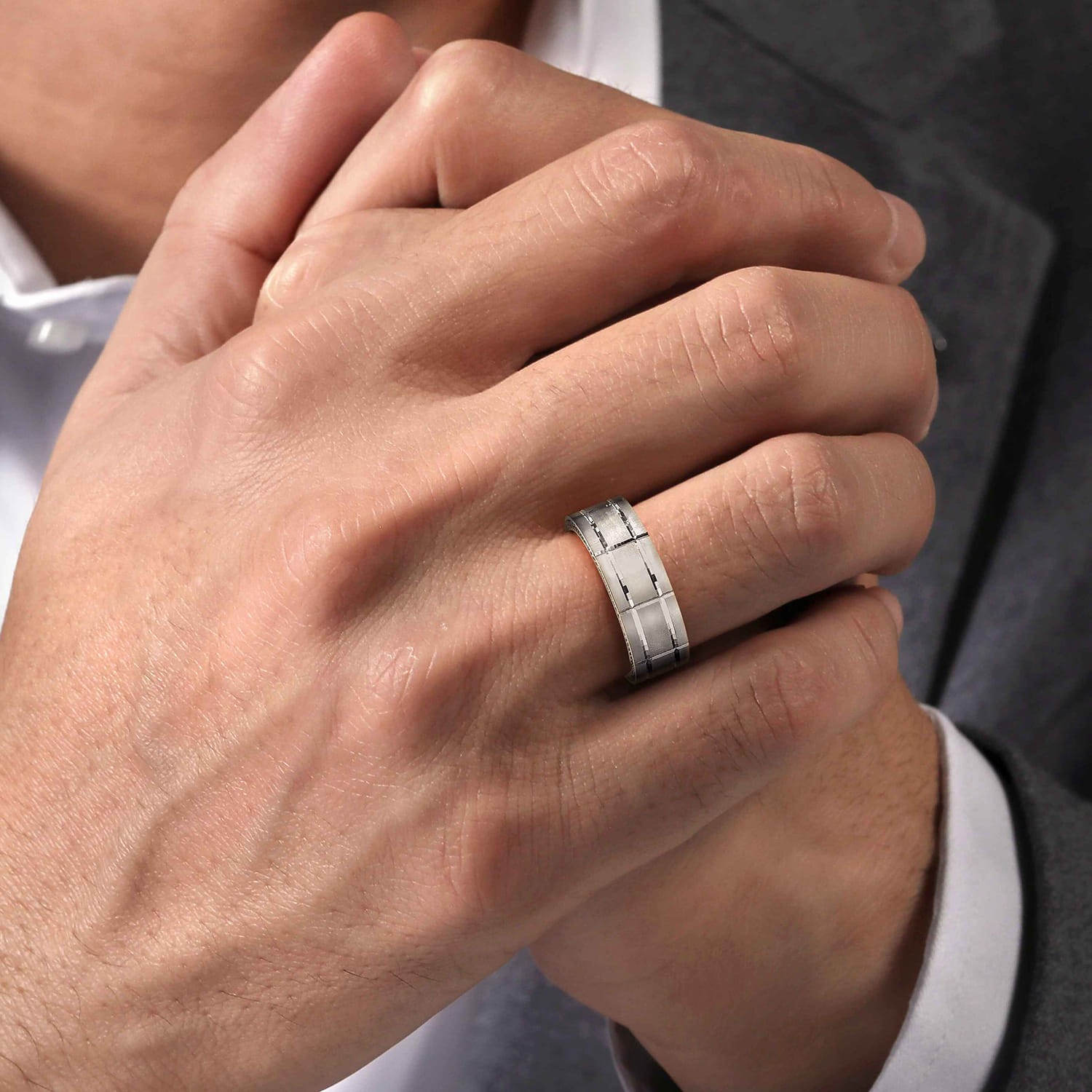 Milo - 14K White Gold 8mm - Carved Men's Wedding Band in Satin Finish - Shot 5