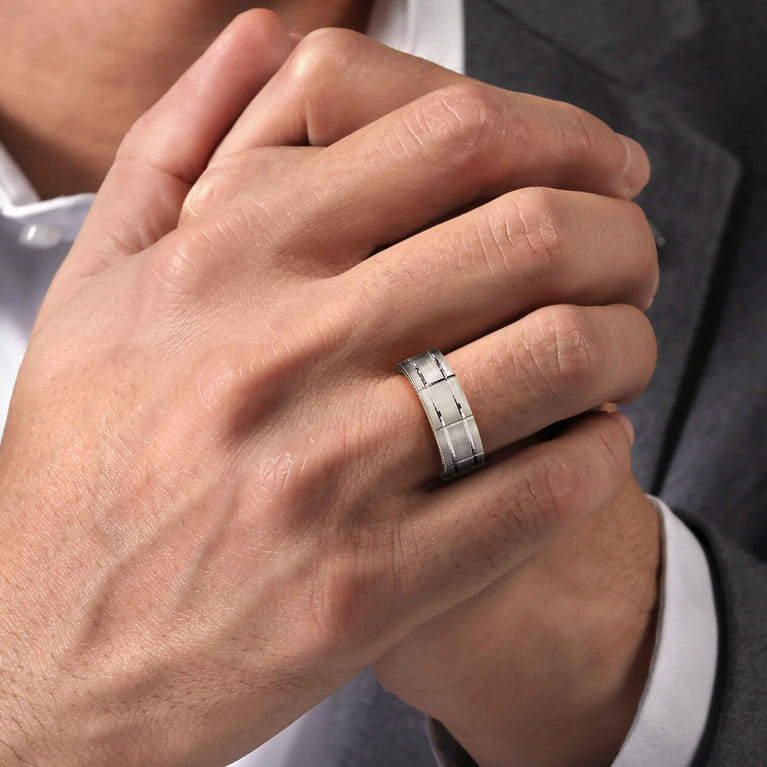 Milo - 14K White Gold 8mm - Carved Men's Wedding Band in Satin Finish - Shot 5