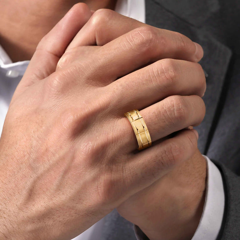 Milo - 14K Yellow Gold 8mm Mens Wedding Band in Satin Finish - Shot 5