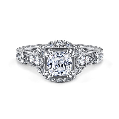 Montgomery - Unique 14K White Gold Vintage Inspired Cushion Cut Halo Diamond Engagement Ring