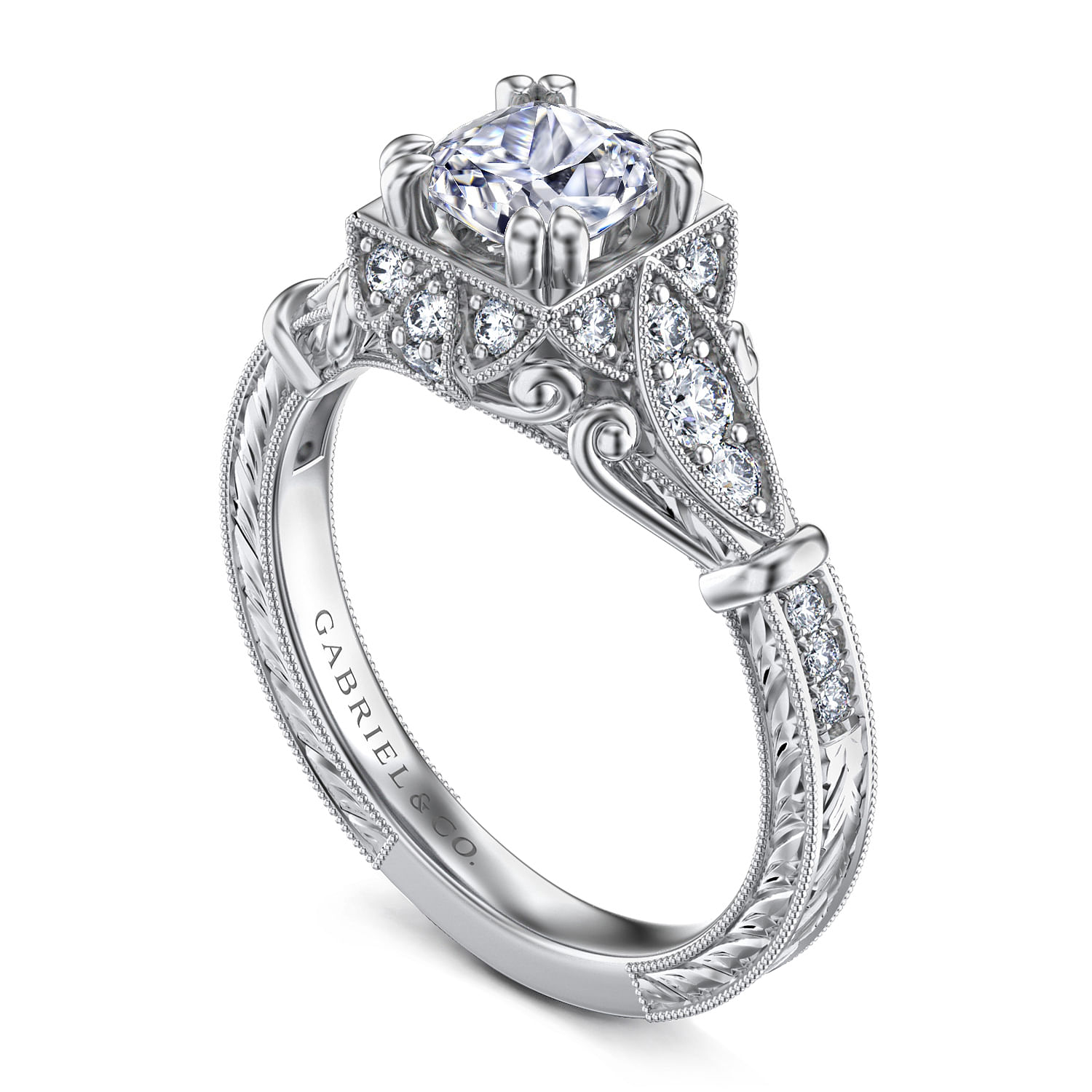 Montgomery - Unique 14K White Gold Vintage Inspired Cushion Cut Halo Diamond Engagement Ring - 0.27 ct - Shot 3