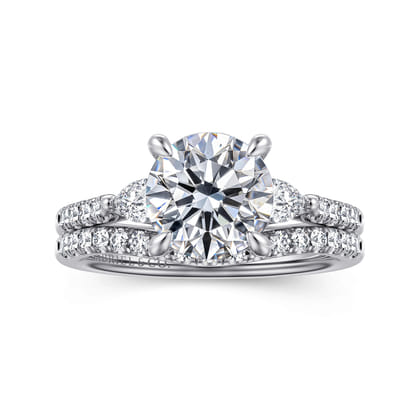 Monty - 14K White Gold Round Three Stone Lotus Diamond Engagement Ring