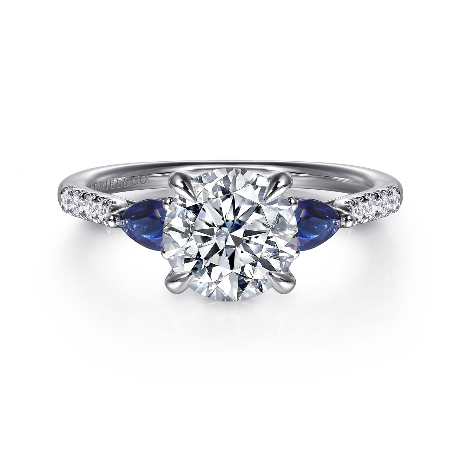Monty - 14K White Gold Round Three Stone Lotus Diamond and A Quality Sapphire Engagement Ring