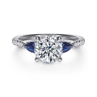 Monty - 14K White Gold Round Three Stone Lotus Diamond and A Quality Sapphire Engagement Ring