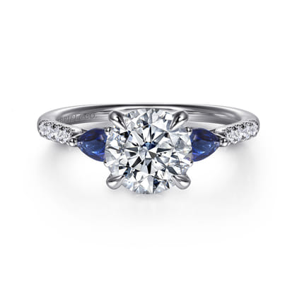 Monty - 14K White Gold Round Three Stone Lotus Diamond and A Quality Sapphire Engagement Ring