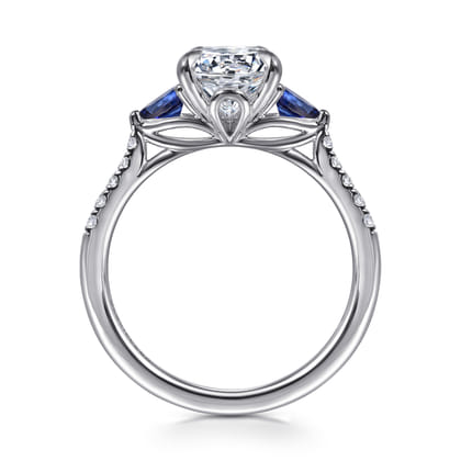 Monty - 14K White Gold Round Three Stone Lotus Diamond and A Quality Sapphire Engagement Ring