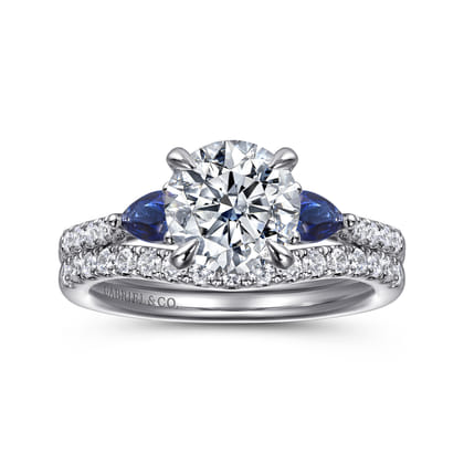 Monty - 14K White Gold Round Three Stone Lotus Diamond and A Quality Sapphire Engagement Ring