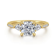Monty - 14K Yellow Gold Cushion Cut Three Stone Lotus Diamond Engagement Ring