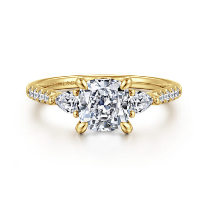 Monty - 14K Yellow Gold Cushion Cut Three Stone Lotus Diamond Engagement Ring
