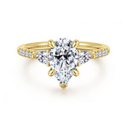 Monty - 14K Yellow Gold Pear Shape Three Stone Lotus Diamond Engagement Ring