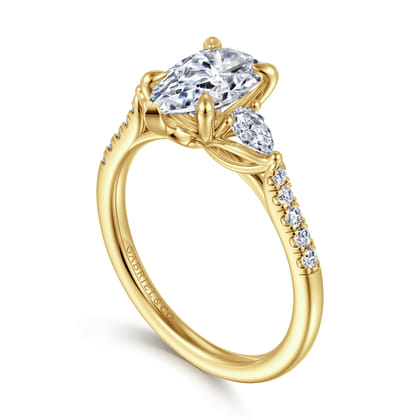 Monty - 14K Yellow Gold Pear Shape Three Stone Lotus Diamond Engagement Ring