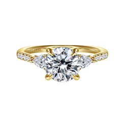 14K Yellow Gold Round Three Stone Lotus Diamond Engagement Ring
