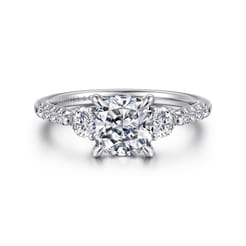 Moon - 14K White Gold Cushion Cut Three Stone Lotus Diamond Engagement Ring