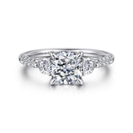 Moon - 14K White Gold Cushion Cut Three Stone Lotus Diamond Engagement Ring