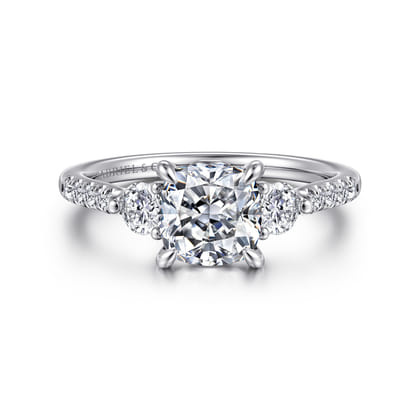 Moon - 14K White Gold Cushion Cut Three Stone Lotus Diamond Engagement Ring