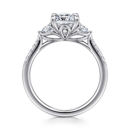 Moon - 14K White Gold Cushion Cut Three Stone Lotus Diamond Engagement Ring