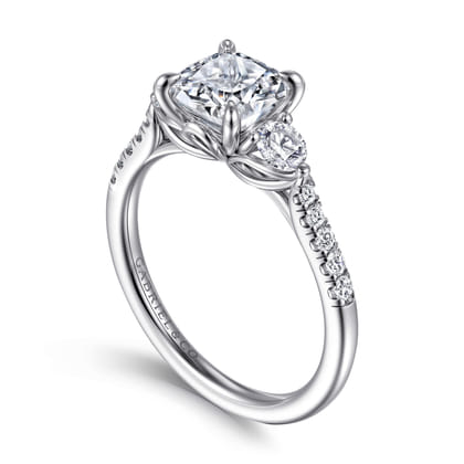 Moon - 14K White Gold Cushion Cut Three Stone Lotus Diamond Engagement Ring