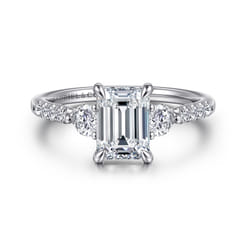 Moon - 14K White Gold Emerald Cut Three Stone Lotus Diamond Engagement Ring