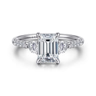 Moon - 14K White Gold Emerald Cut Three Stone Lotus Diamond Engagement Ring