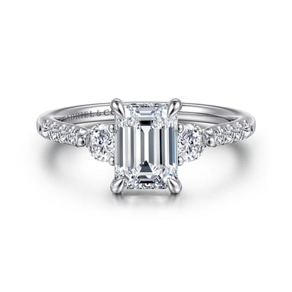 Moon - 14K White Gold Emerald Cut Three Stone Lotus Diamond Engagement Ring