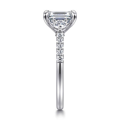 Moon - 14K White Gold Emerald Cut Three Stone Lotus Diamond Engagement Ring