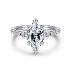 Moon - 14K White Gold Marquise Shape Three Stone Lotus Diamond Engagement Ring