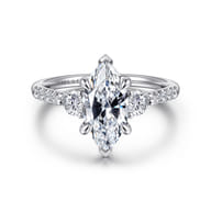 Moon - 14K White Gold Marquise Shape Three Stone Lotus Diamond Engagement Ring