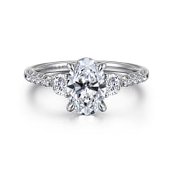 Moon - 14K White Gold Oval Three Stone Lotus Diamond Engagement Ring