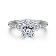 Moon - 14K White Gold Oval Three Stone Lotus Diamond Engagement Ring
