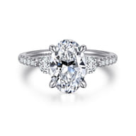 Moon - 14K White Gold Oval Three Stone Lotus Diamond Engagement Ring