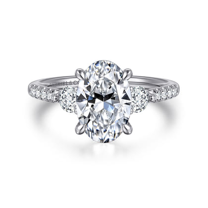 Moon - 14K White Gold Oval Three Stone Lotus Diamond Engagement Ring