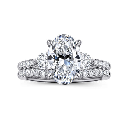 Moon - 14K White Gold Oval Three Stone Lotus Diamond Engagement Ring