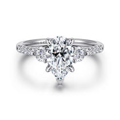 Moon - 14K White Gold Pear Shape Three Stone Lotus Diamond Engagement Ring