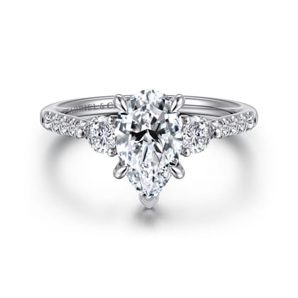 Moon - 14K White Gold Pear Shape Three Stone Lotus Diamond Engagement Ring