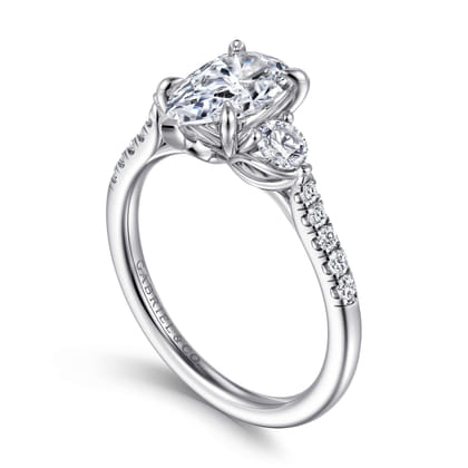 Moon - 14K White Gold Pear Shape Three Stone Lotus Diamond Engagement Ring