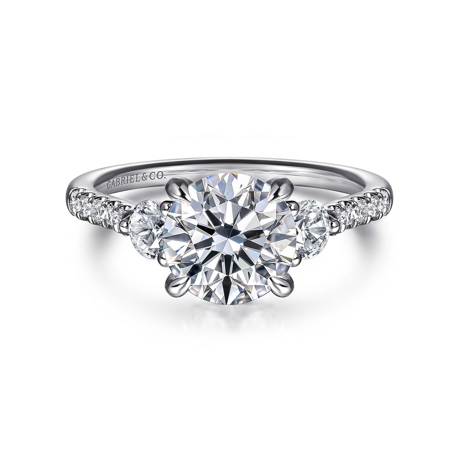Moon - 14K White Gold Round Three Stone Lotus Diamond Engagement Ring
