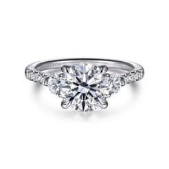 Moon - 14K White Gold Round Three Stone Lotus Diamond Engagement Ring
