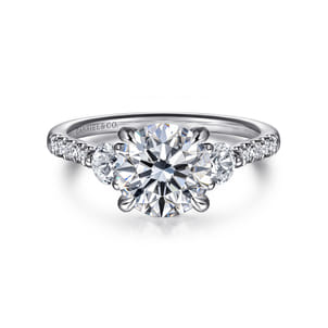 Moon - 14K White Gold Round Three Stone Lotus Diamond Engagement Ring