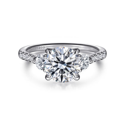 Moon - 14K White Gold Round Three Stone Lotus Diamond Engagement Ring