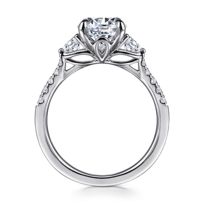Moon - 14K White Gold Round Three Stone Lotus Diamond Engagement Ring