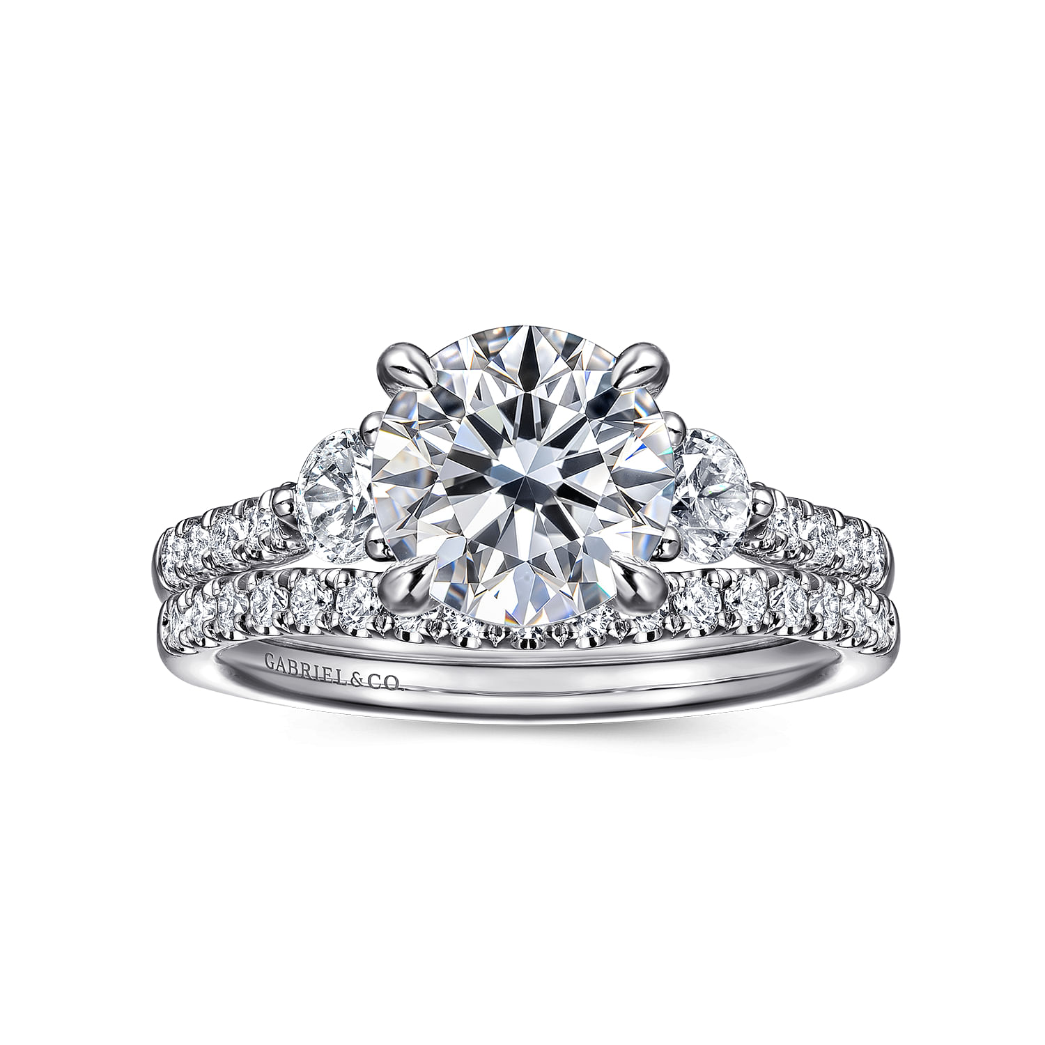 Moon - 14K White Gold Round Three Stone Lotus Diamond Engagement Ring