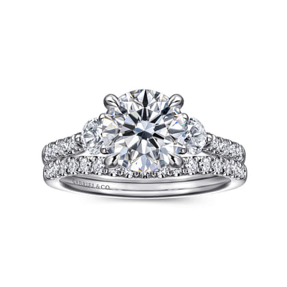 Moon - 14K White Gold Round Three Stone Lotus Diamond Engagement Ring