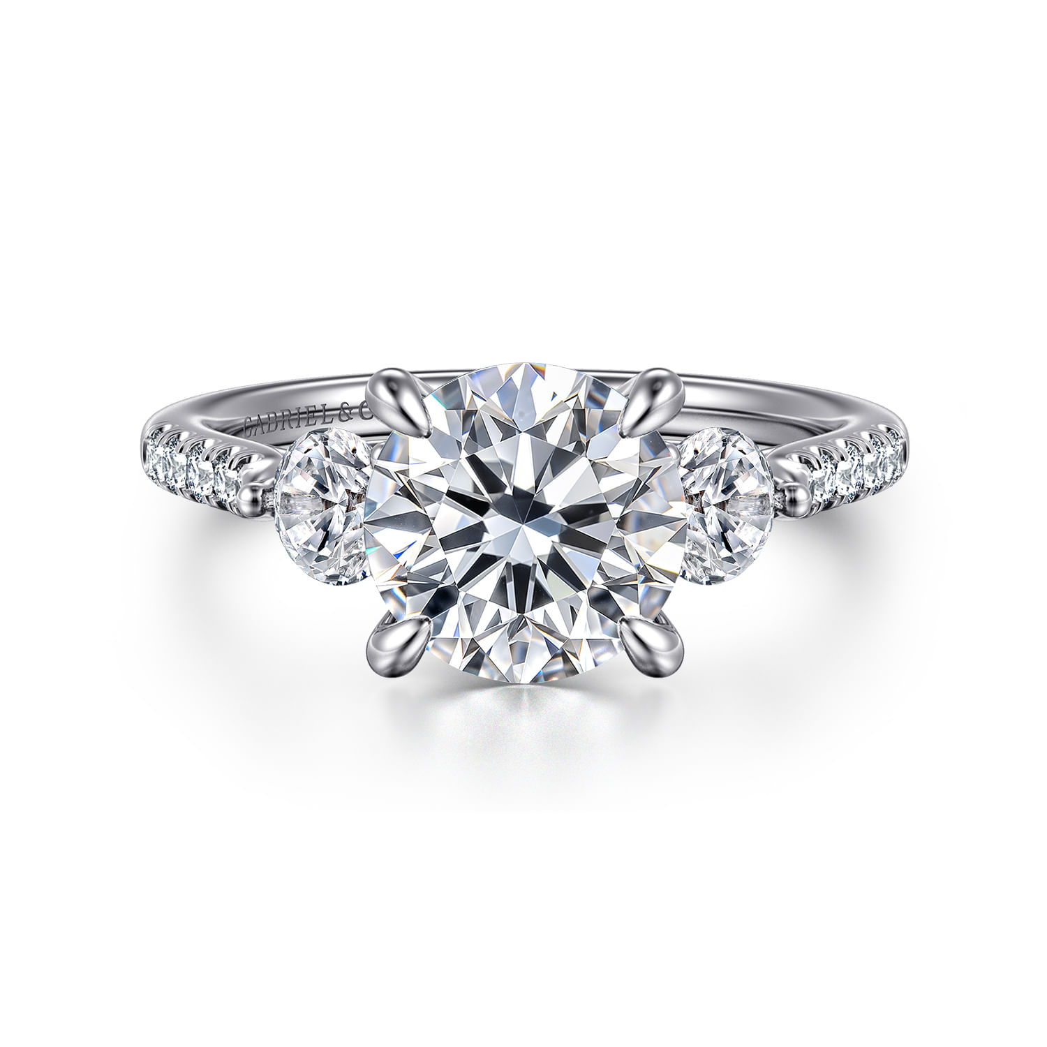 Moon - 14K White Gold Round Three Stone Lotus Diamond Engagement Ring