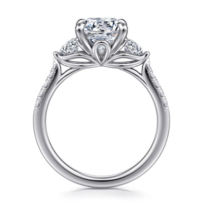 Moon - 14K White Gold Round Three Stone Lotus Diamond Engagement Ring