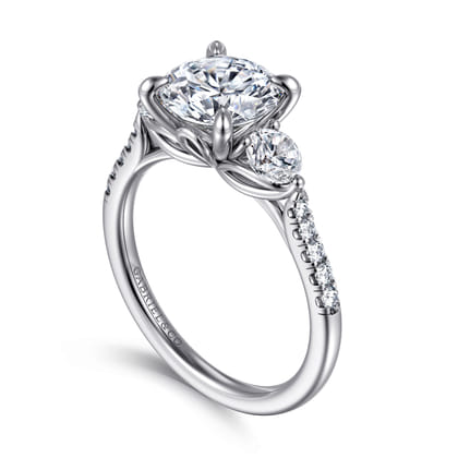 Moon - 14K White Gold Round Three Stone Lotus Diamond Engagement Ring