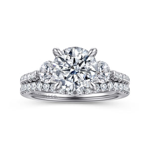 Moon - 14K White Gold Round Three Stone Lotus Diamond Engagement Ring