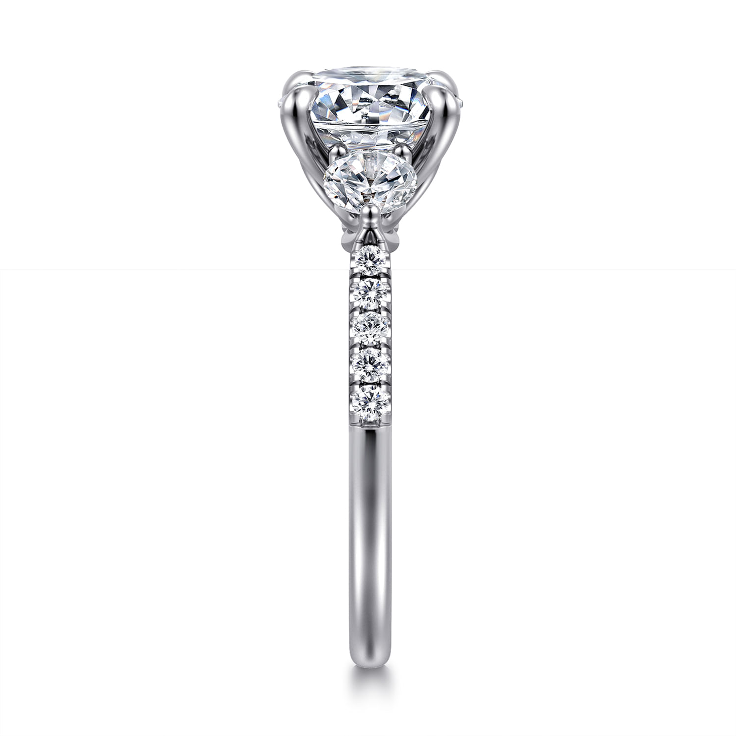 Moon - 14K White Gold Round Three Stone Lotus Diamond Engagement Ring